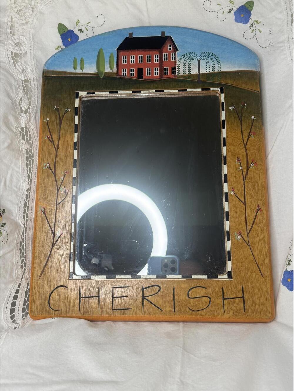 Hand Painted Folk Art Cottage Core Wooden Wall Mirror with 'Cherish' Design